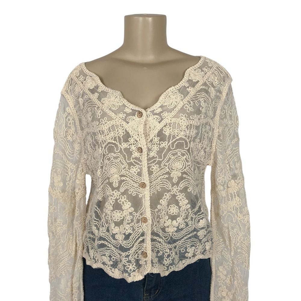 Cream Floral Crochet Lace Button Up Cardigan Size Medium Y2K Fairy Boho Festival - Picture 2 of 11